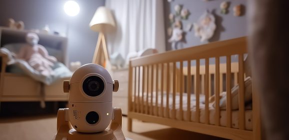 Baby monitor and camera on table near crib with child in room. AI.